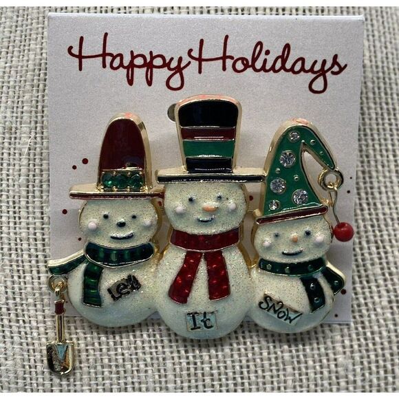 Happy Holidays Christmas Brooch w/Three Snowmen Let It Snow 2.5” x‎ 2” Winter - Picture 1 of 3